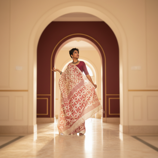 Ivoryfire: White Tussar Silk Jamdani Saree