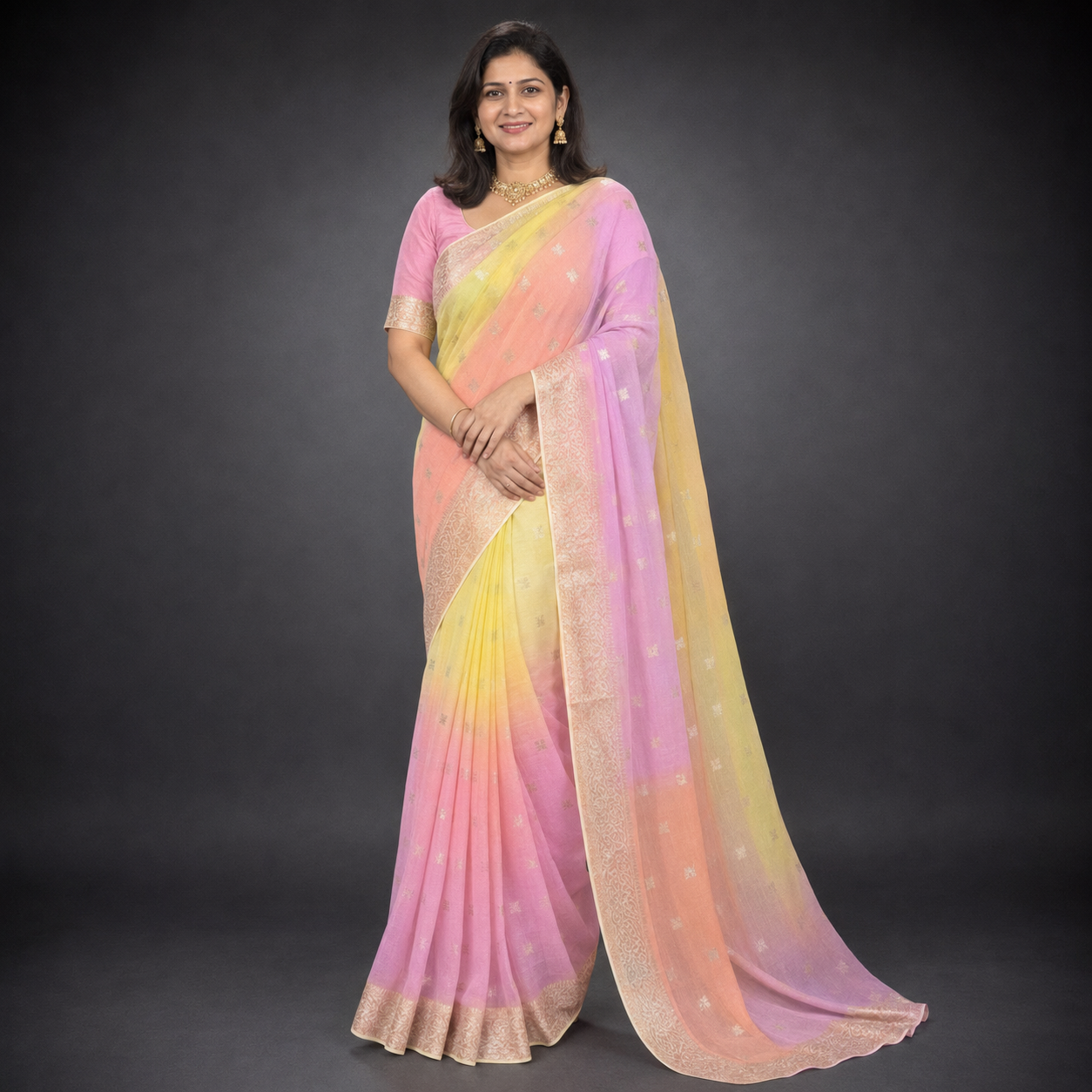 Saloni: Yellow & Pink Chiffon Saree