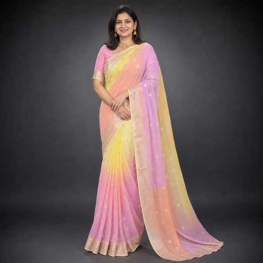 Saloni: Yellow & Pink Ombre Chiffon Saree