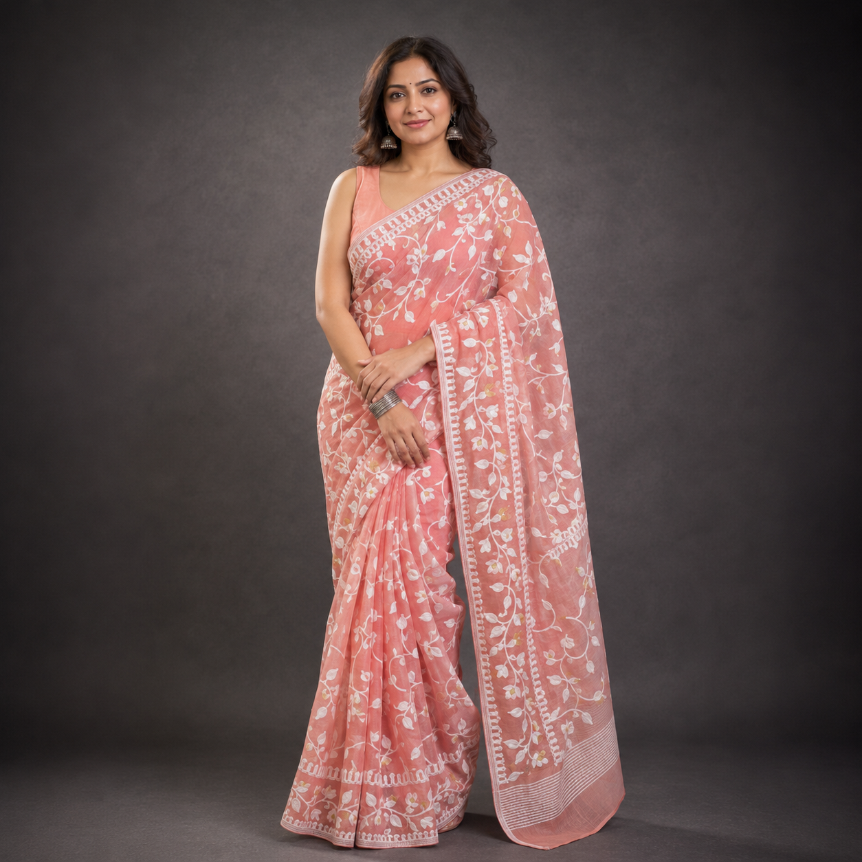 Kadambari: Peach Handwoven Jamdani Cotton Saree