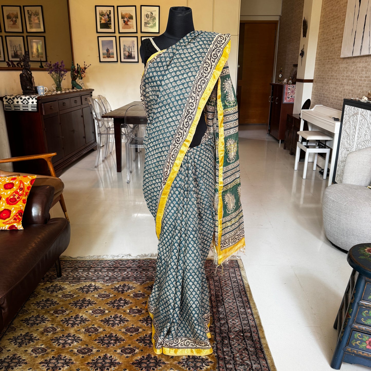 Debolina: Green Linen Sanganeri Block Print Saree