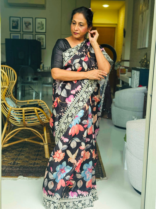 Nishika: Black Floral Blended Silk Saree