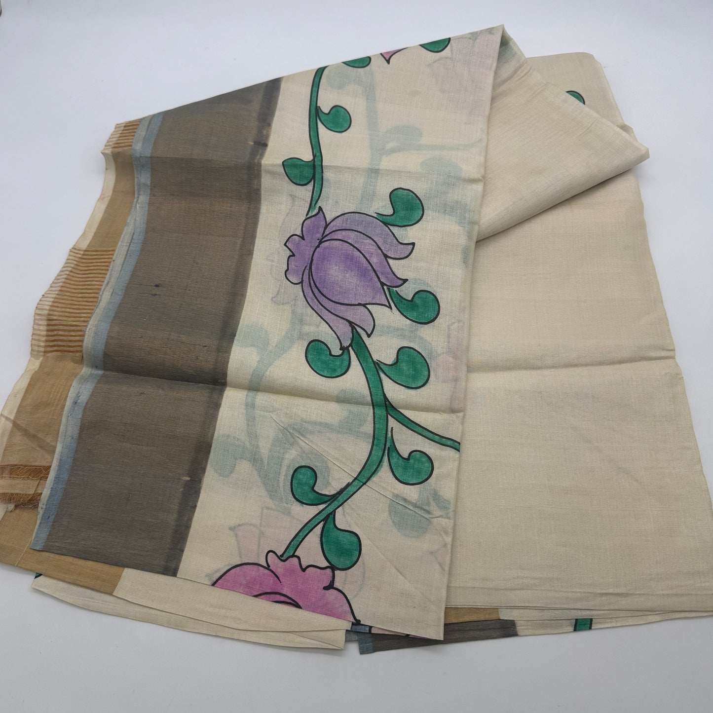 Ivorine: Cream Kalamkari Block Print Tussar Silk Saree
