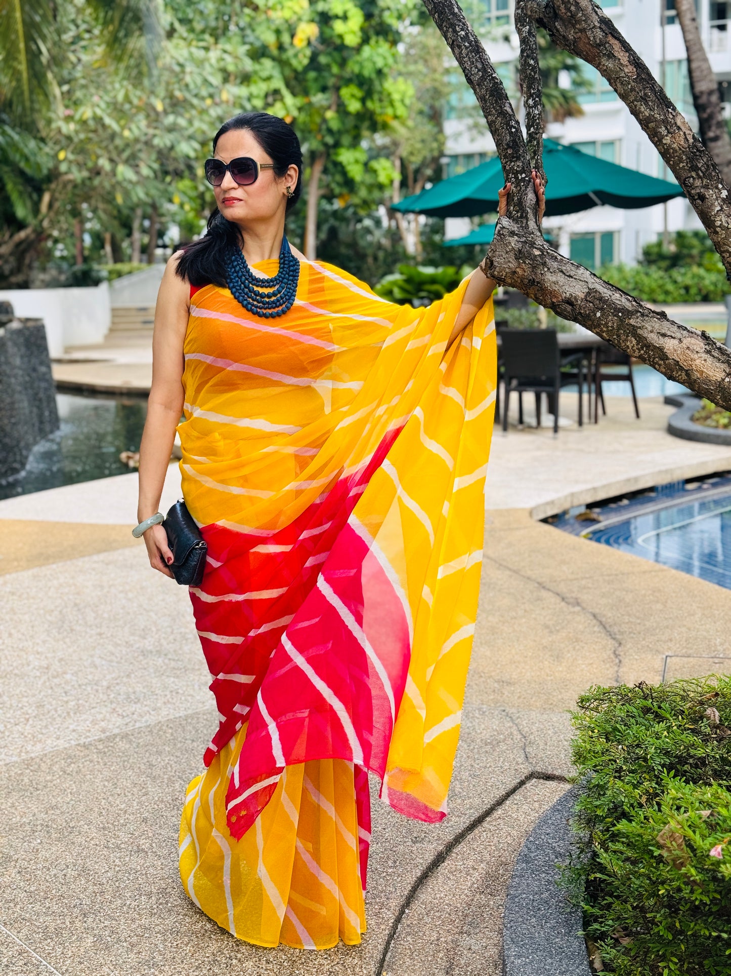 Leher: Yellow & Pink Chiffon Saree