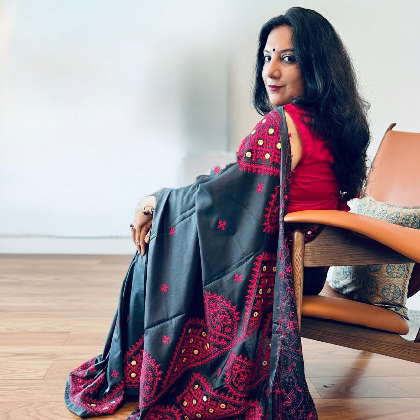 Geetanjali: Black Semi-Silk Saree with Red Kuchchi embroidery