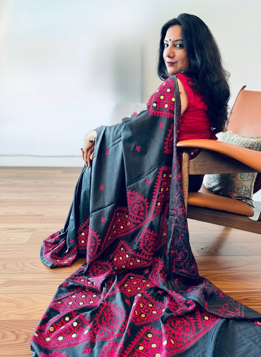 Geetanjali: Black Semi-Silk Saree with Red Kuchchi embroidery
