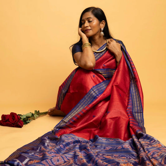 Aarohi: Red Sambalpuri Ikkat Tussar Silk Saree