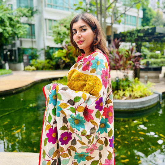 Megharang: Yellow Block Print Kantha Tussar Silk Saree