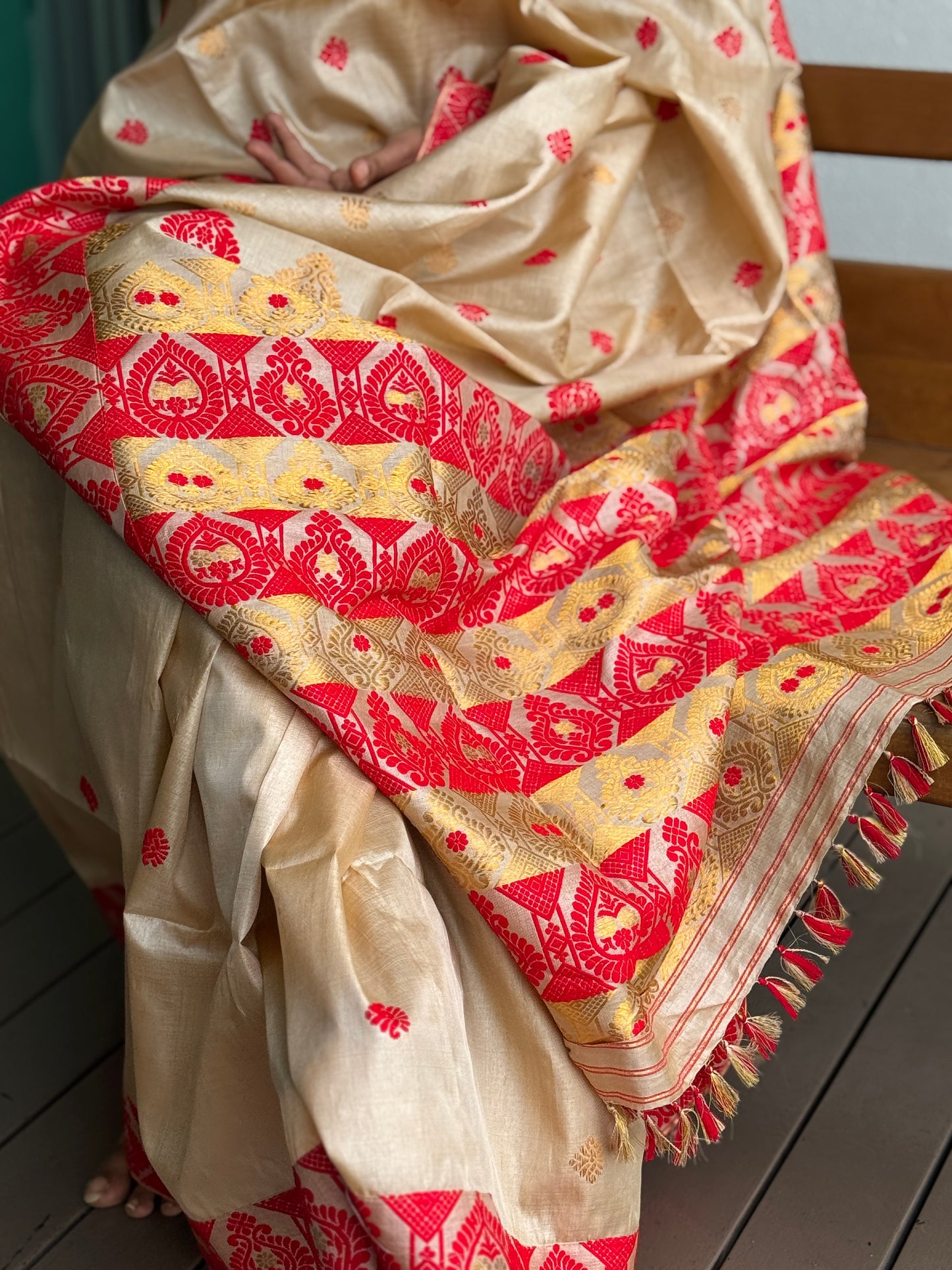 Assam Tussar Silk Saree with Red & Gold Motifs