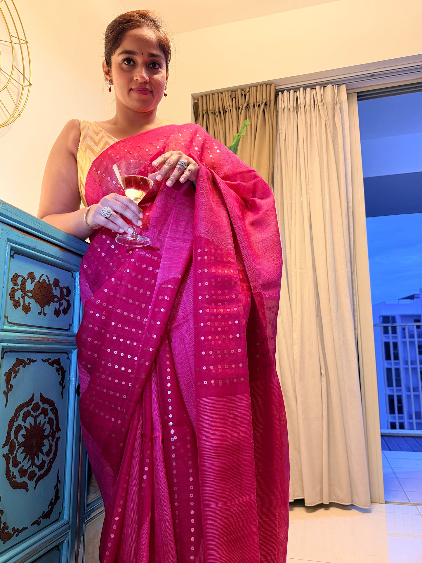 Gulnaar: Pink Matka Silk with Sequins Saree