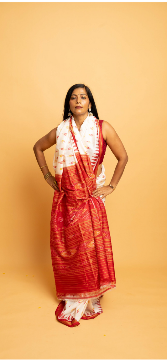 Shvetra: White Sambalpuri Ikkat Silk Saree
