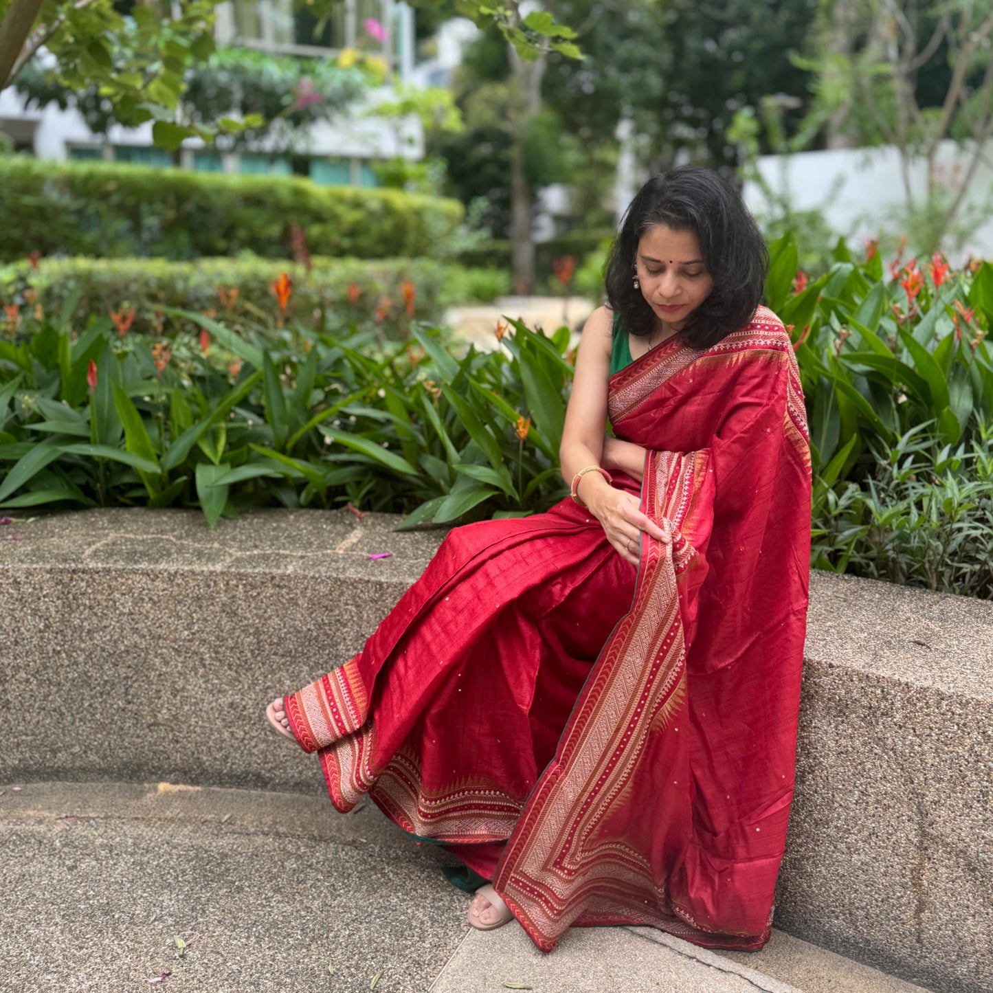 Prerna: Red Embroidered Handwoven Tussar Silk Saree