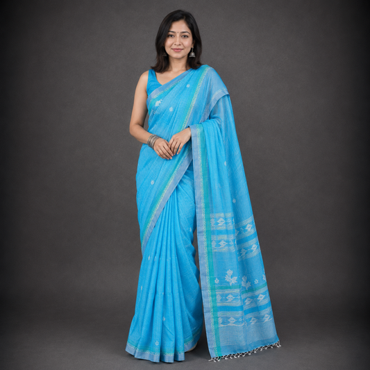 Indrani: Blue Cotton Handloom Jamdani Saree