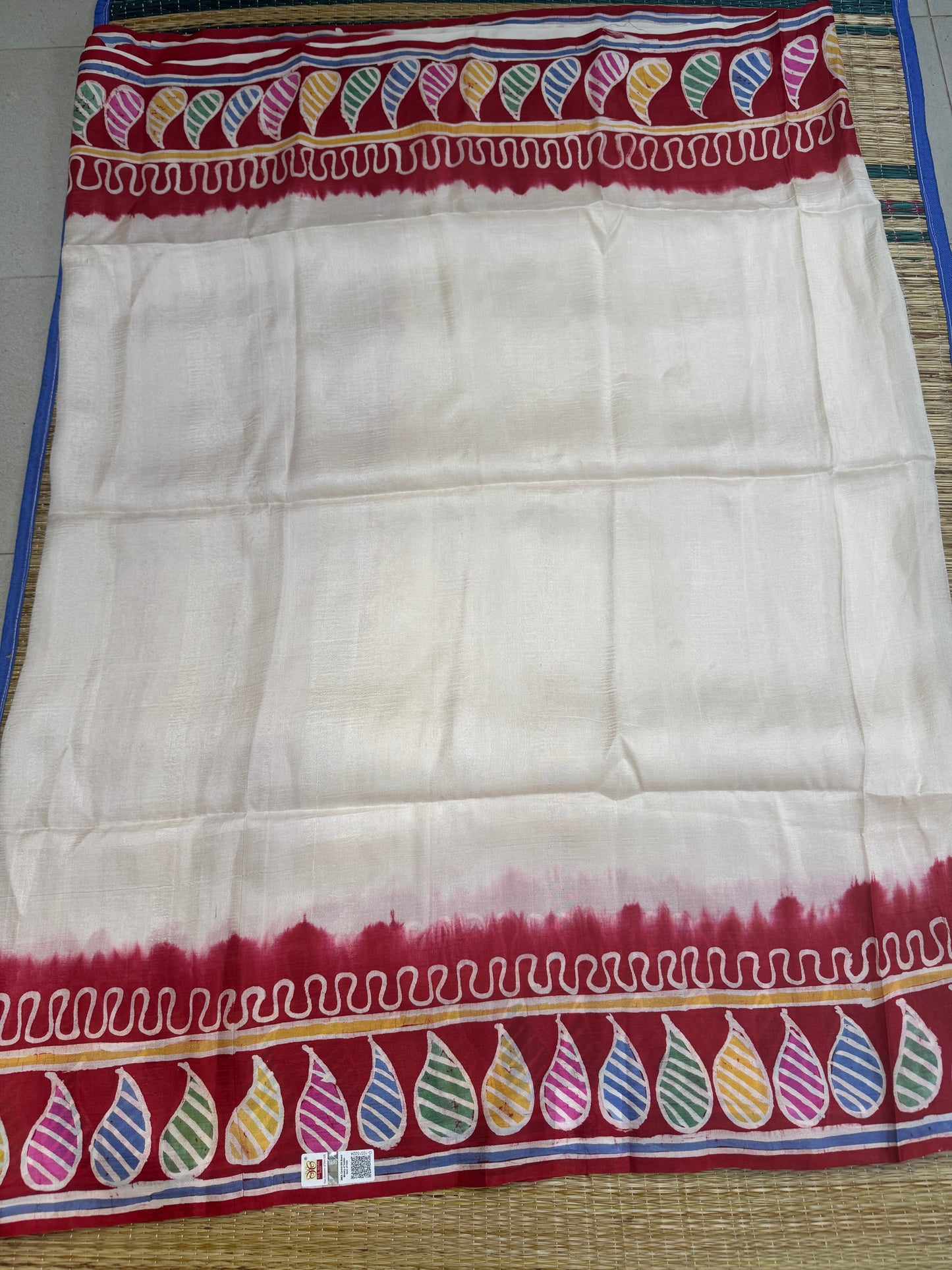 Vrinda: White & Red Batik Tussar Silk Saree