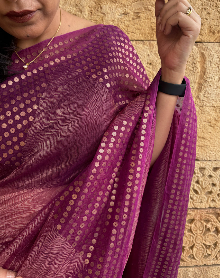 Lavanya: Purple Handwoven Crushed Tissue Saree with Sequins