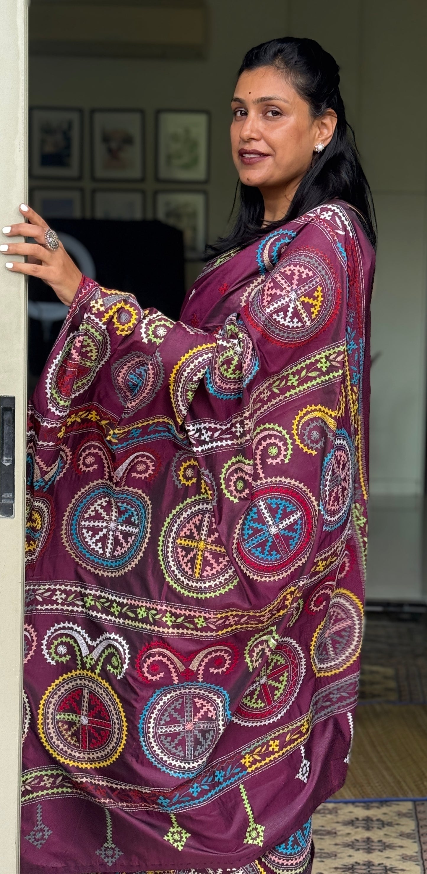 Sanchita: Maroon Hand-embroidered Semi-silk Saree