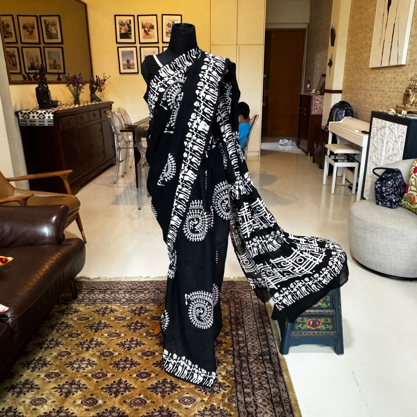 Madhurima: Black Cotton Sanganeri Block Print Saree