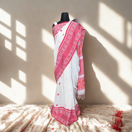River Song: White Cotton Handloom Saree with Fish Motifs