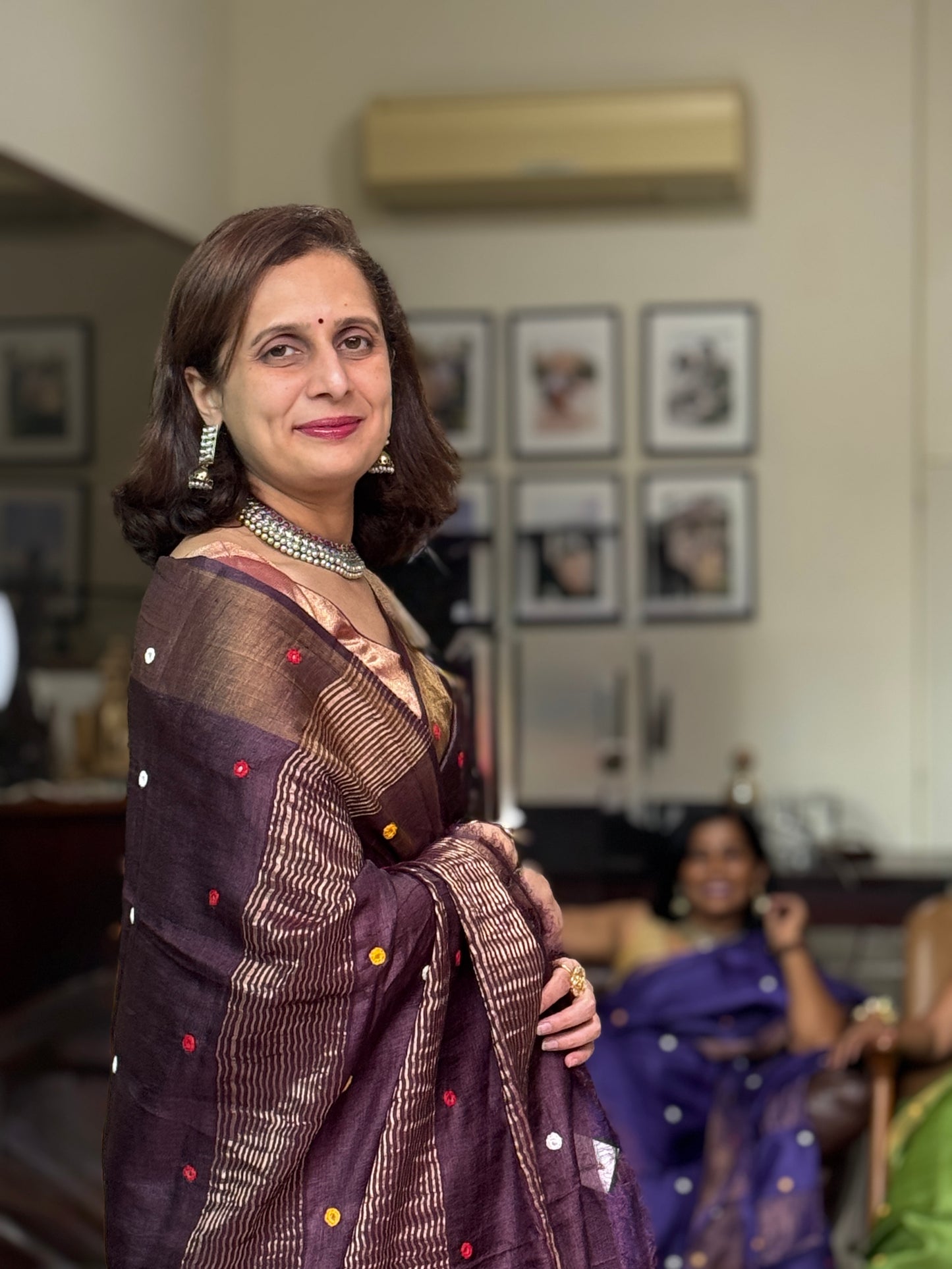Siya: Brown Handwoven Tussar Silk Mirror-work Saree