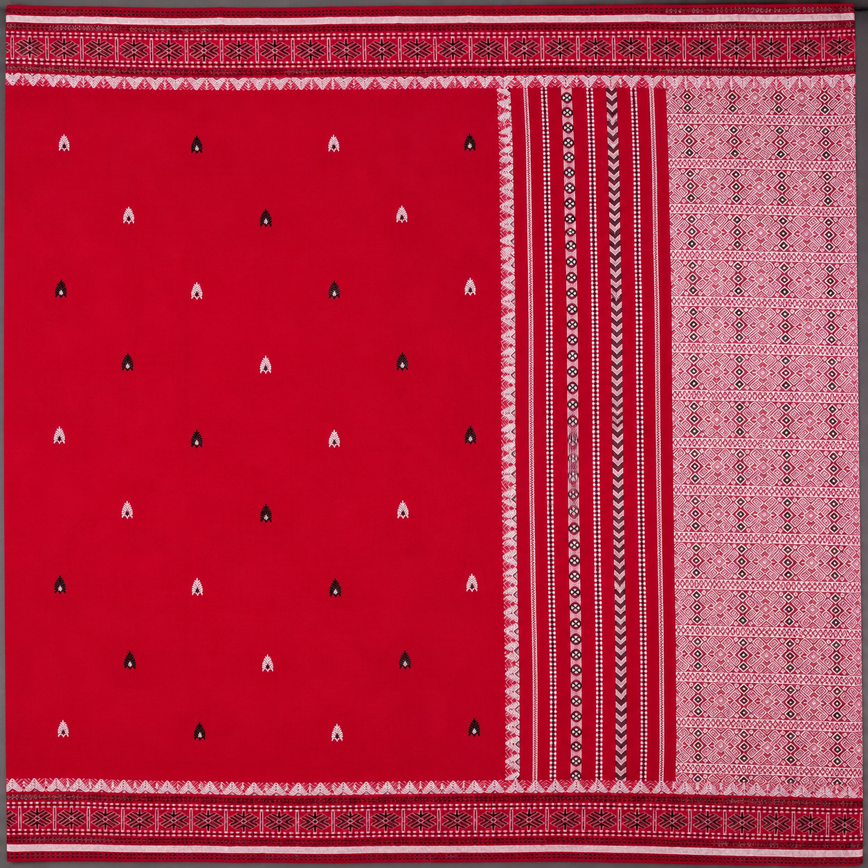 Senehi: Red Assam Handloom Cotton Saree