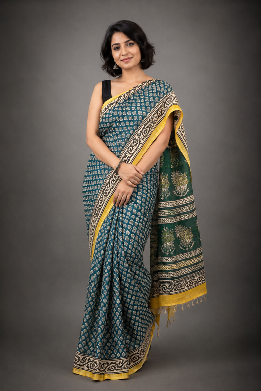 Debolina: Green Linen Sanganeri Block Print Saree