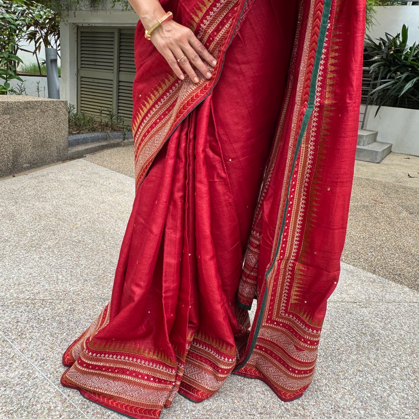 Prerna: Red Embroidered Handwoven Tussar Silk Saree