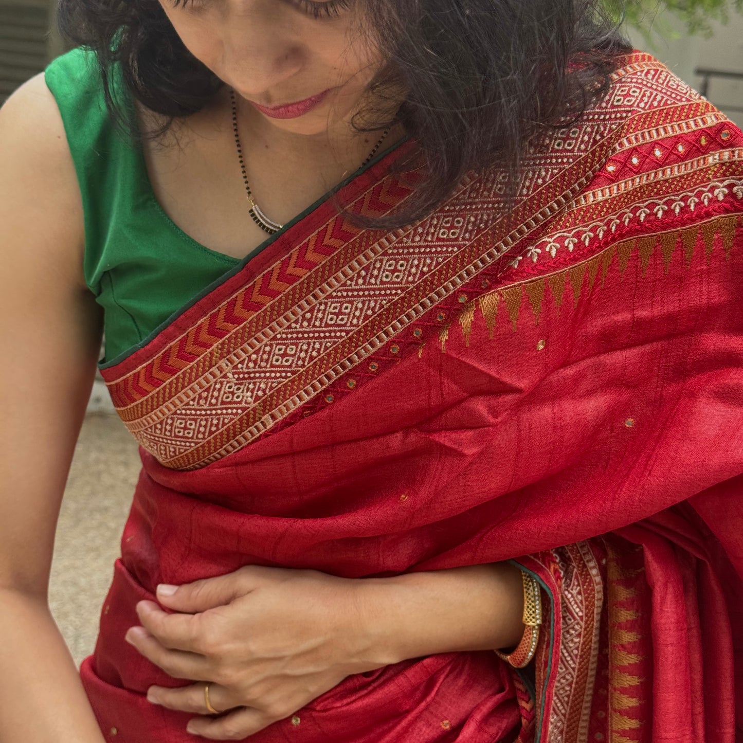 Prerna: Red Embroidered Handwoven Tussar Silk Saree