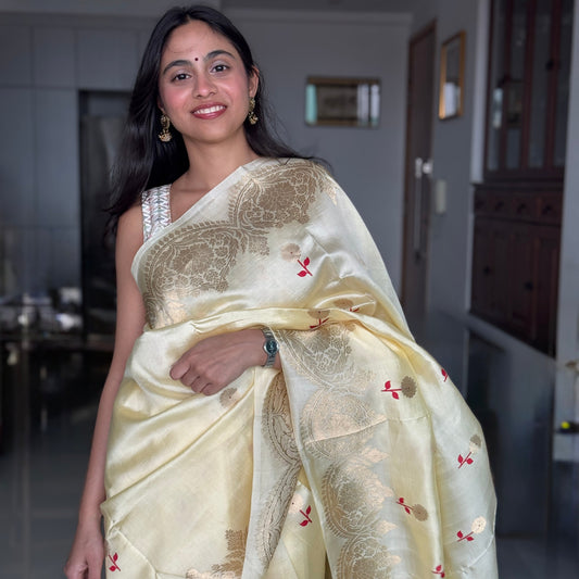 Ivory Noor: Cream Banarasi Katan Silk Saree