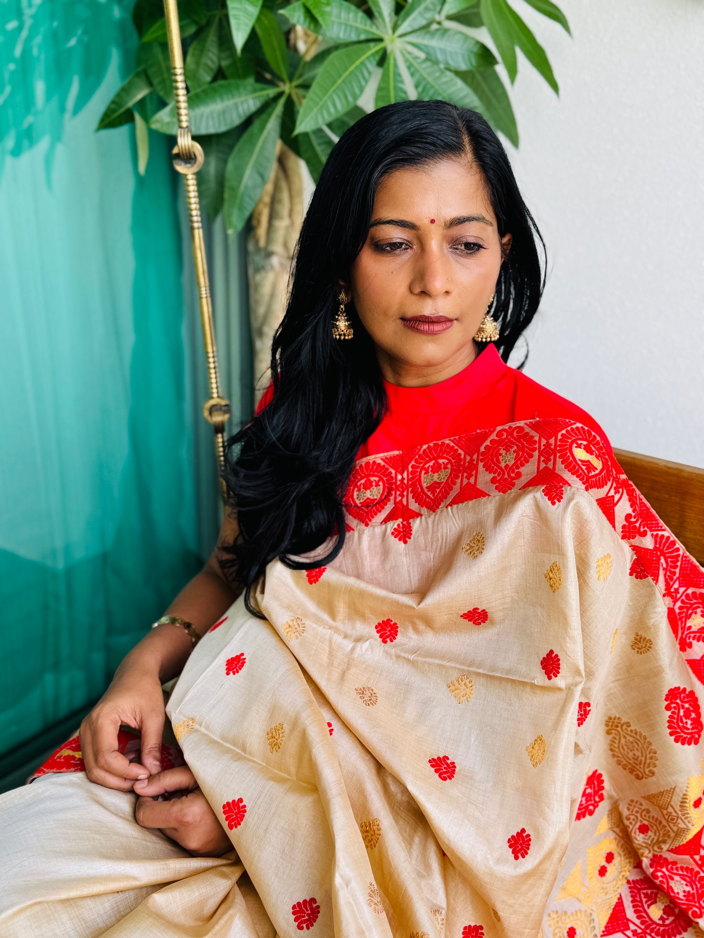 Assam Tussar Silk Saree with Red & Gold Motifs
