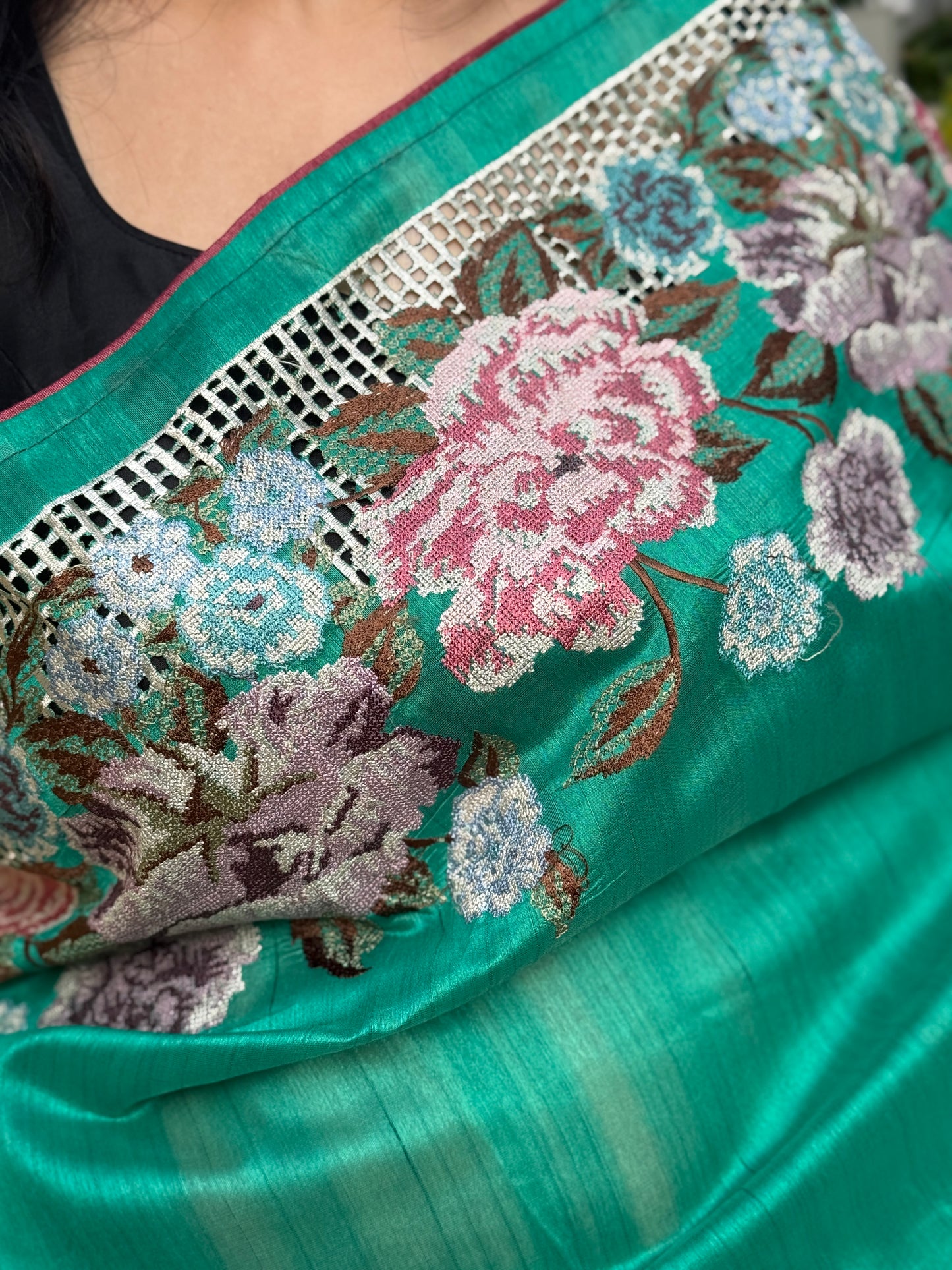 Aira: Green Embroidered Semi-silk Saree
