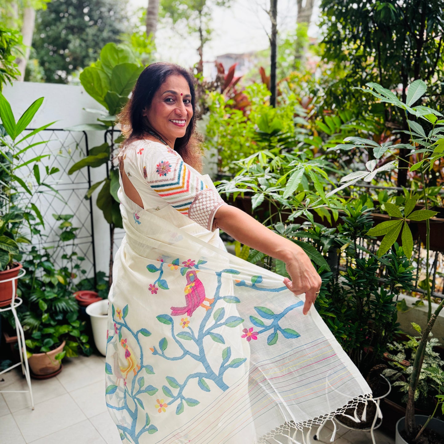 Pakhi: White Jamdani Saree with Multicolored Embroidery