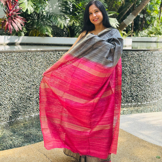 Crimson Pause: Charcoal Grey Ghicha Silk Saree
