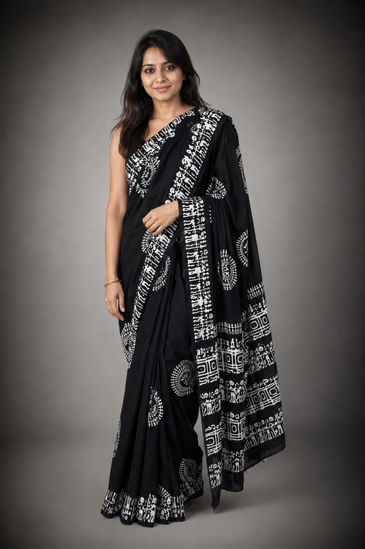 Madhurima: Black Cotton Sanganeri Block Print Saree