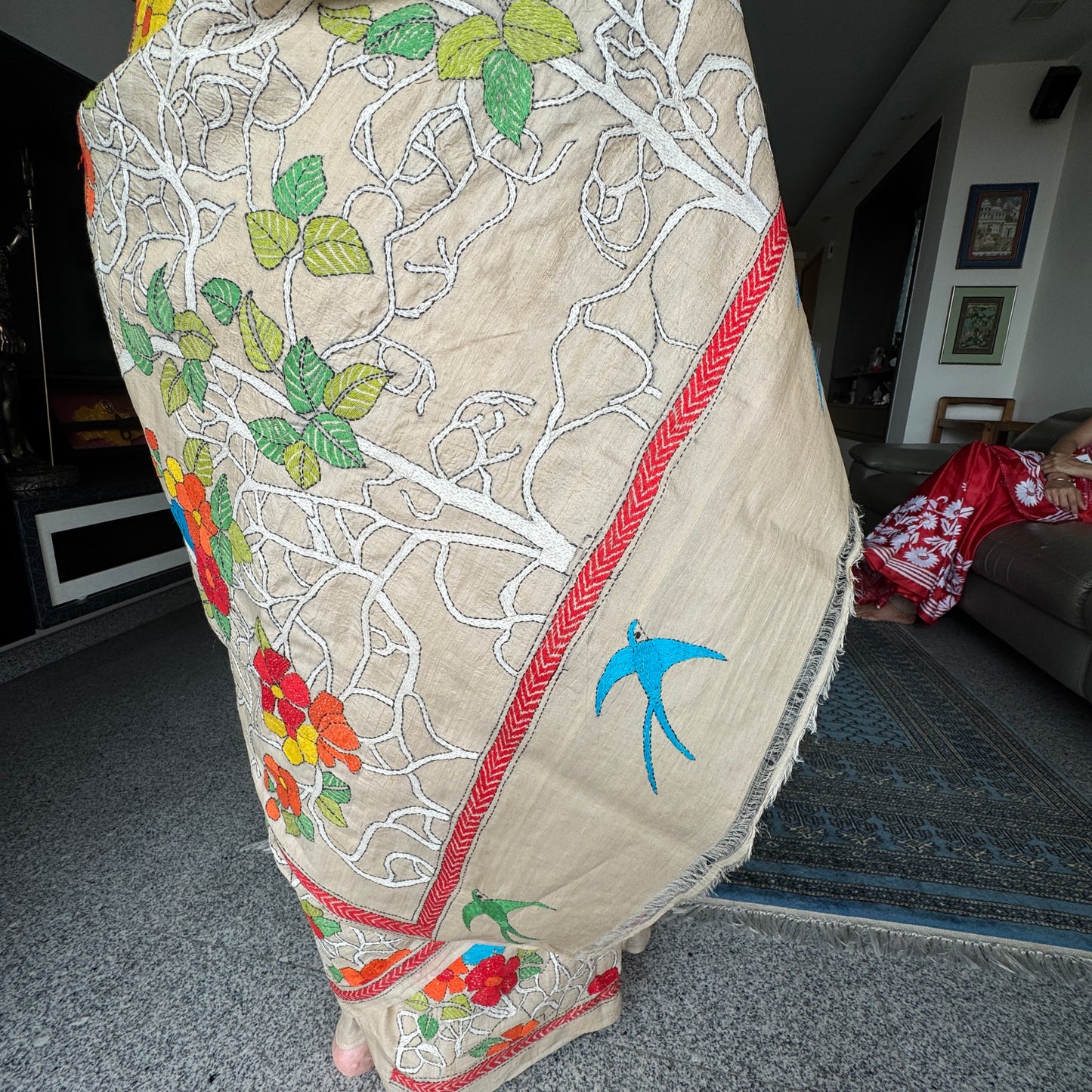 Vasudha: Beige Tussar Silk Kantha Saree