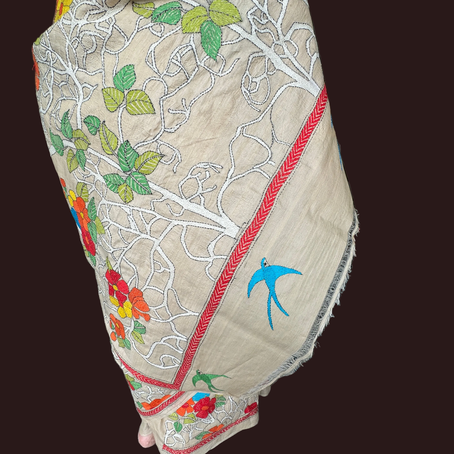 Vasudha: Beige Tussar Silk Kantha Saree