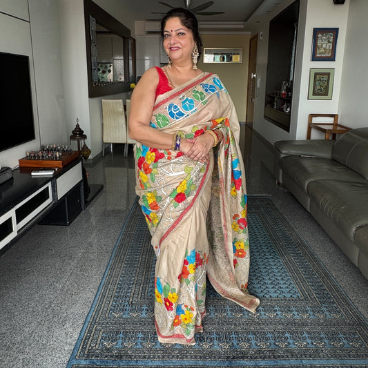Vasudha: Beige Tussar Silk Kantha Saree
