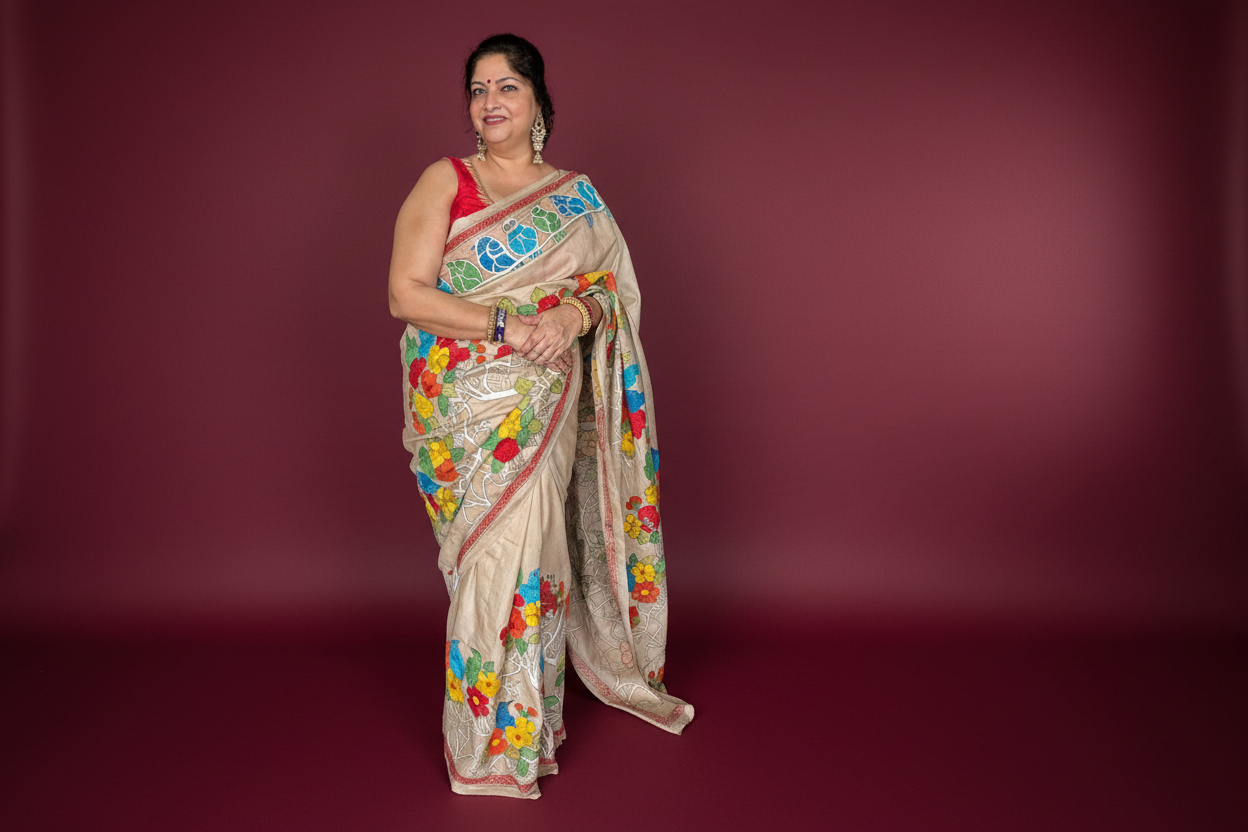Vasudha: Beige Tussar Silk Kantha Saree