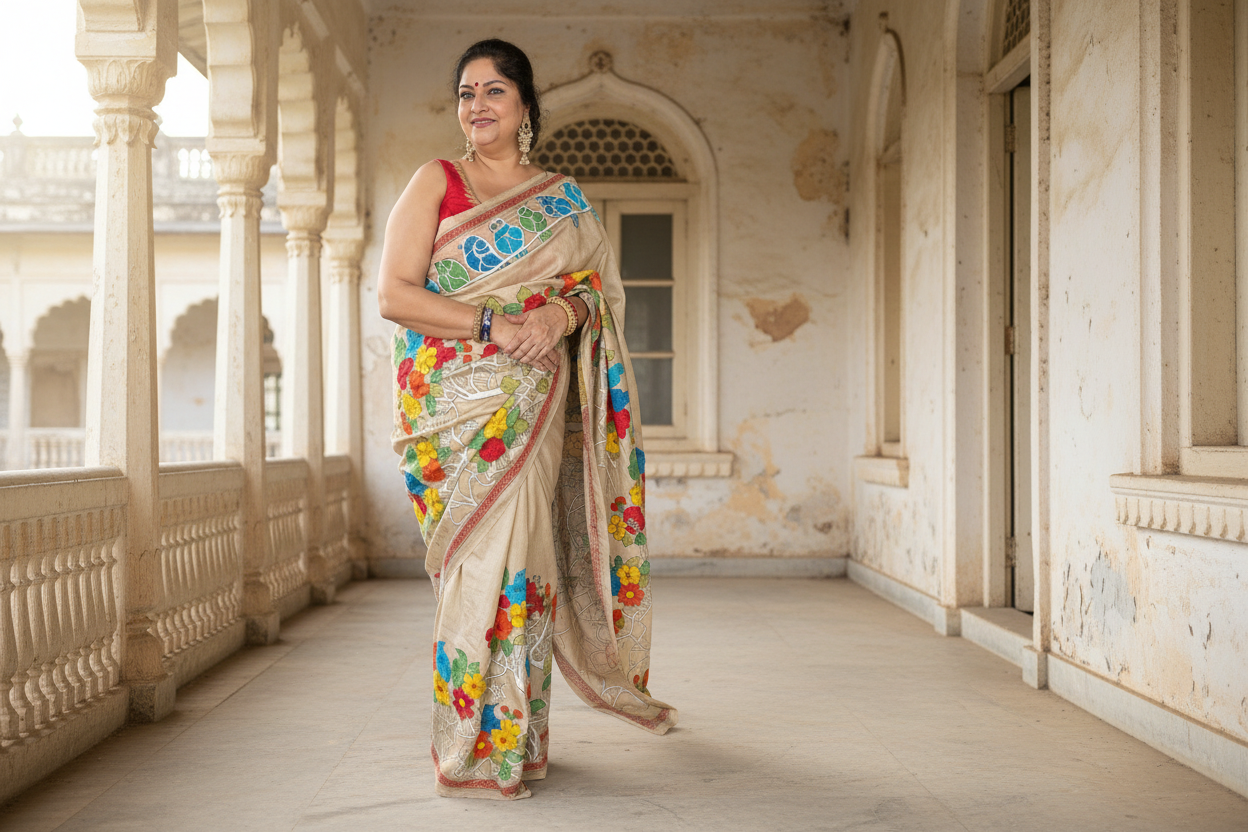 Vasudha: Beige Tussar Silk Kantha Saree