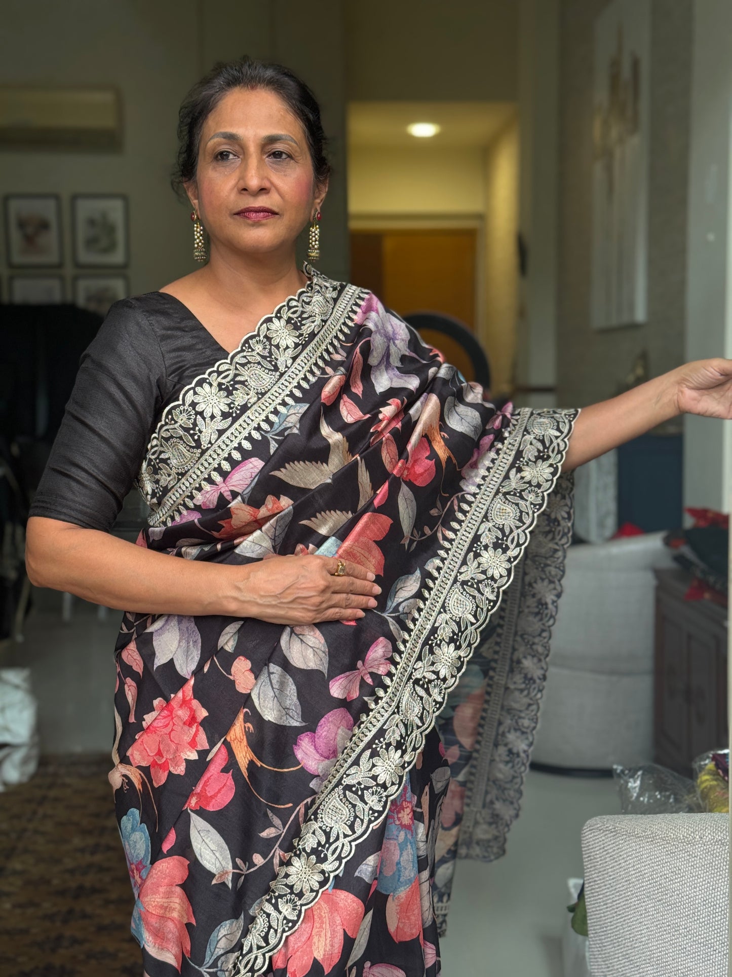 Nishika: Black Floral Blended Silk Saree