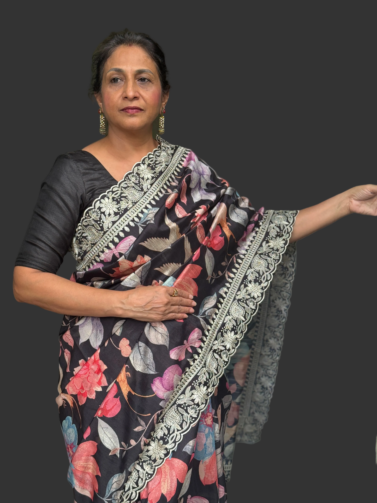 Nishika: Black Floral Blended Silk Saree