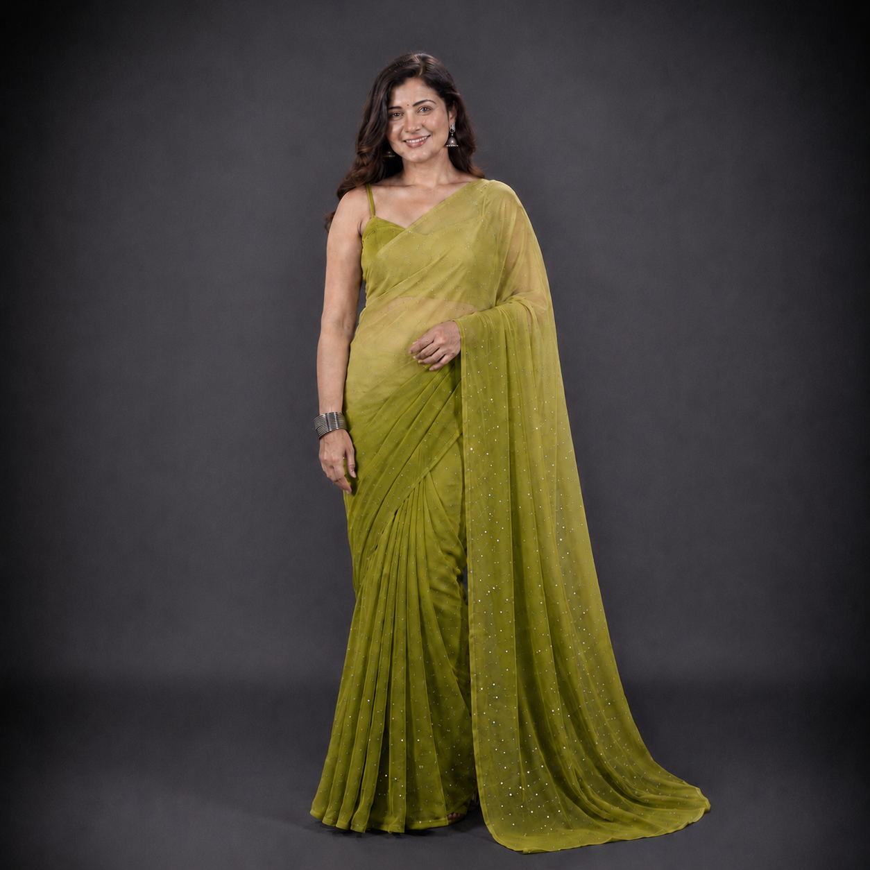 Minal: Olive Green Ombré Chiffon Saree