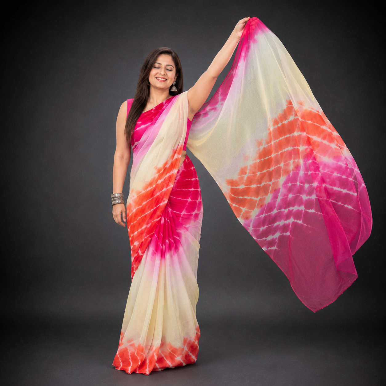 Avantika: Yellow & Pink Leheriya Chiffon Saree