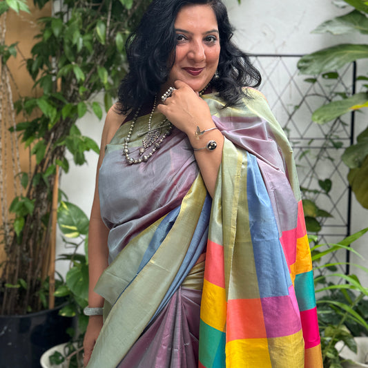 Abha: Multicolored Handwoven Katan Silk Saree