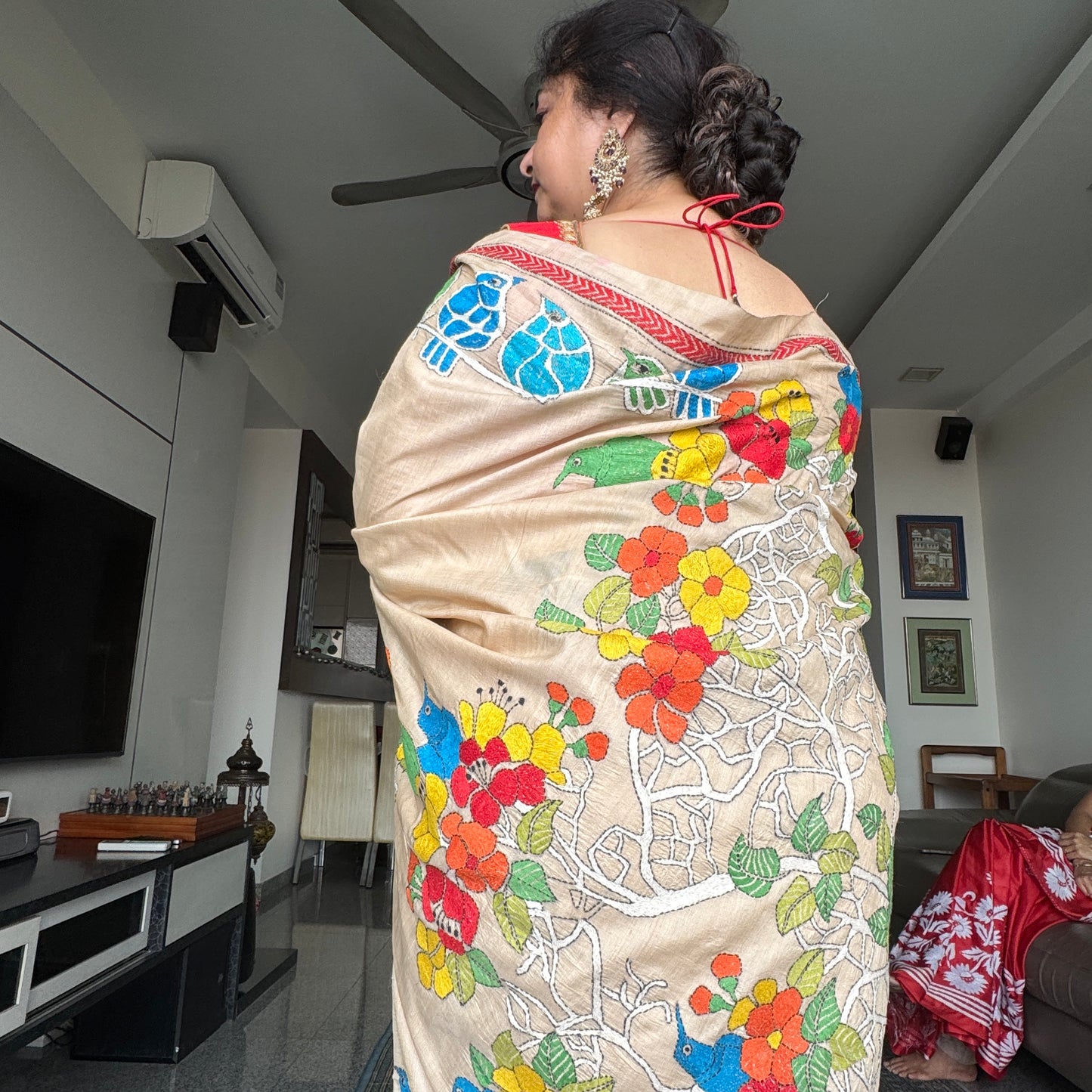 Vasudha: Beige Tussar Silk Kantha Saree