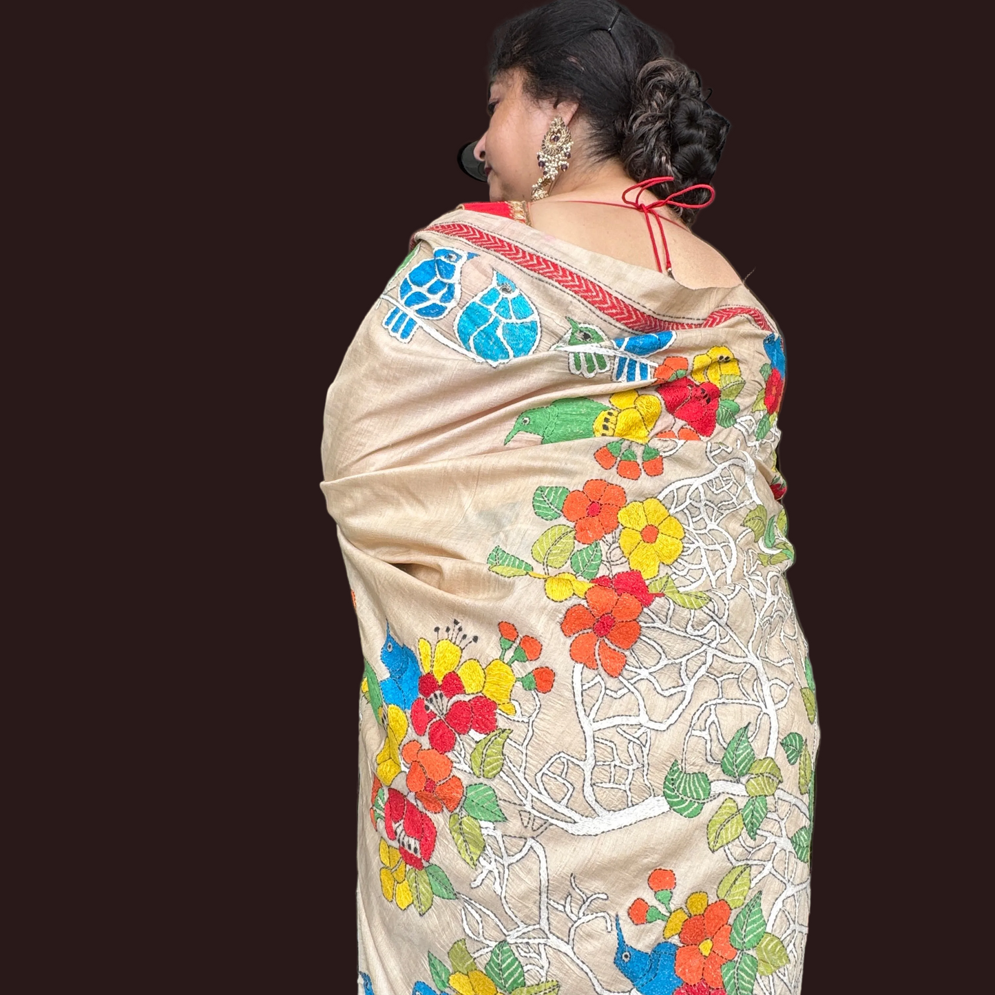 Vasudha: Beige Tussar Silk Kantha Saree