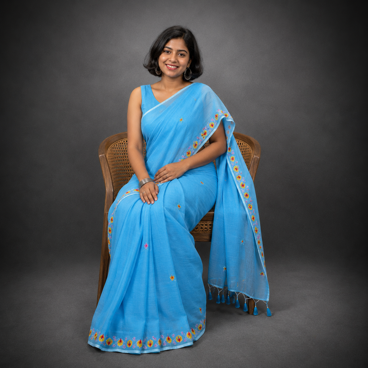 Nilanjana: Blue Mul Cotton Embroidered Saree