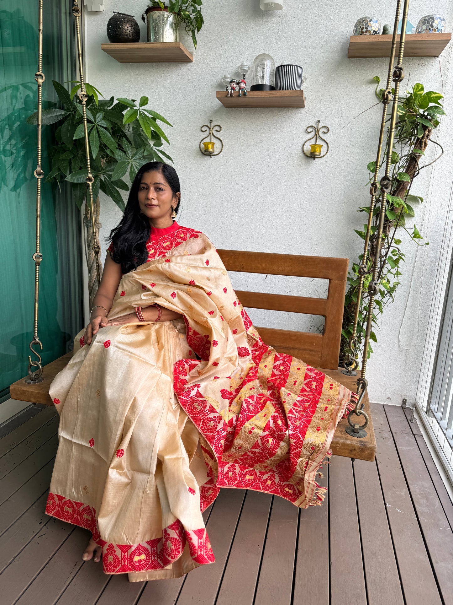 Assam Tussar Silk Saree with Red & Gold Motifs