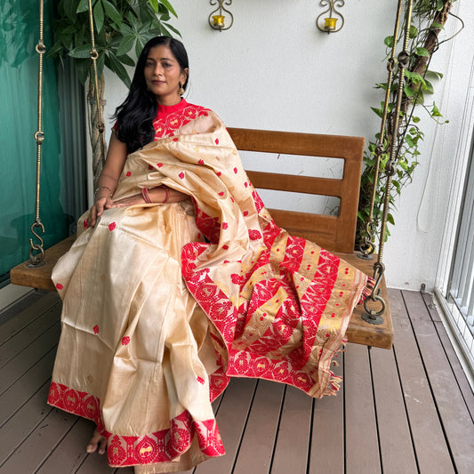 Urmi: Assam Tussar Silk Saree with Red & Gold Motifs
