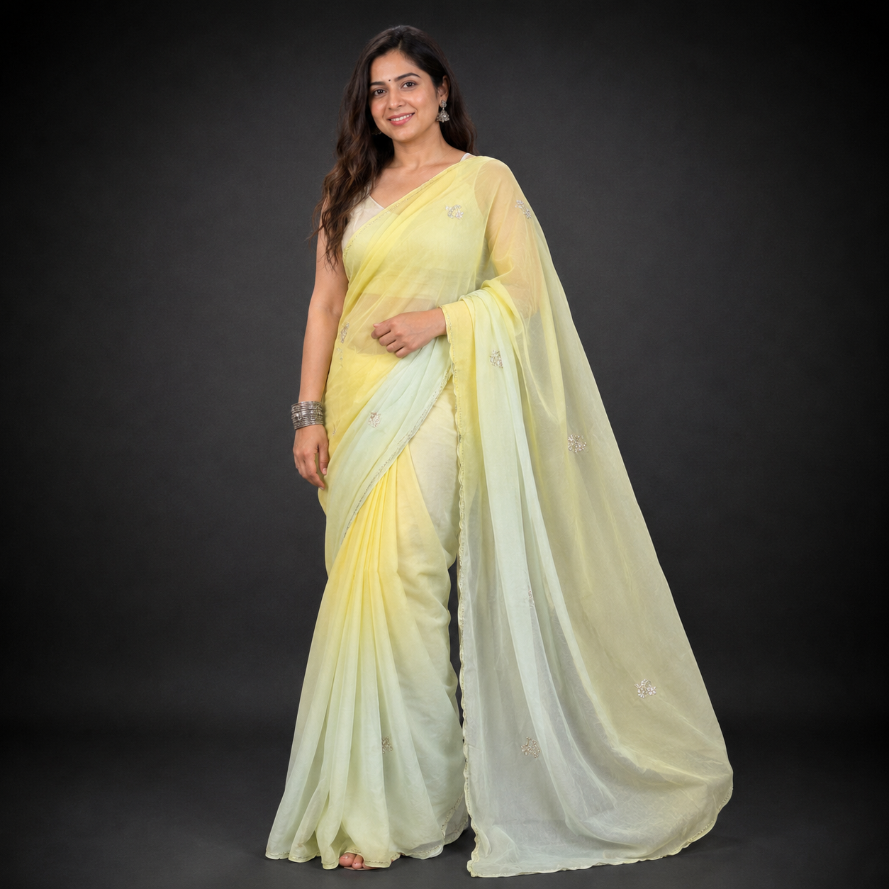 Vibha: Yellow & Blue Ombré Chiffon Saree