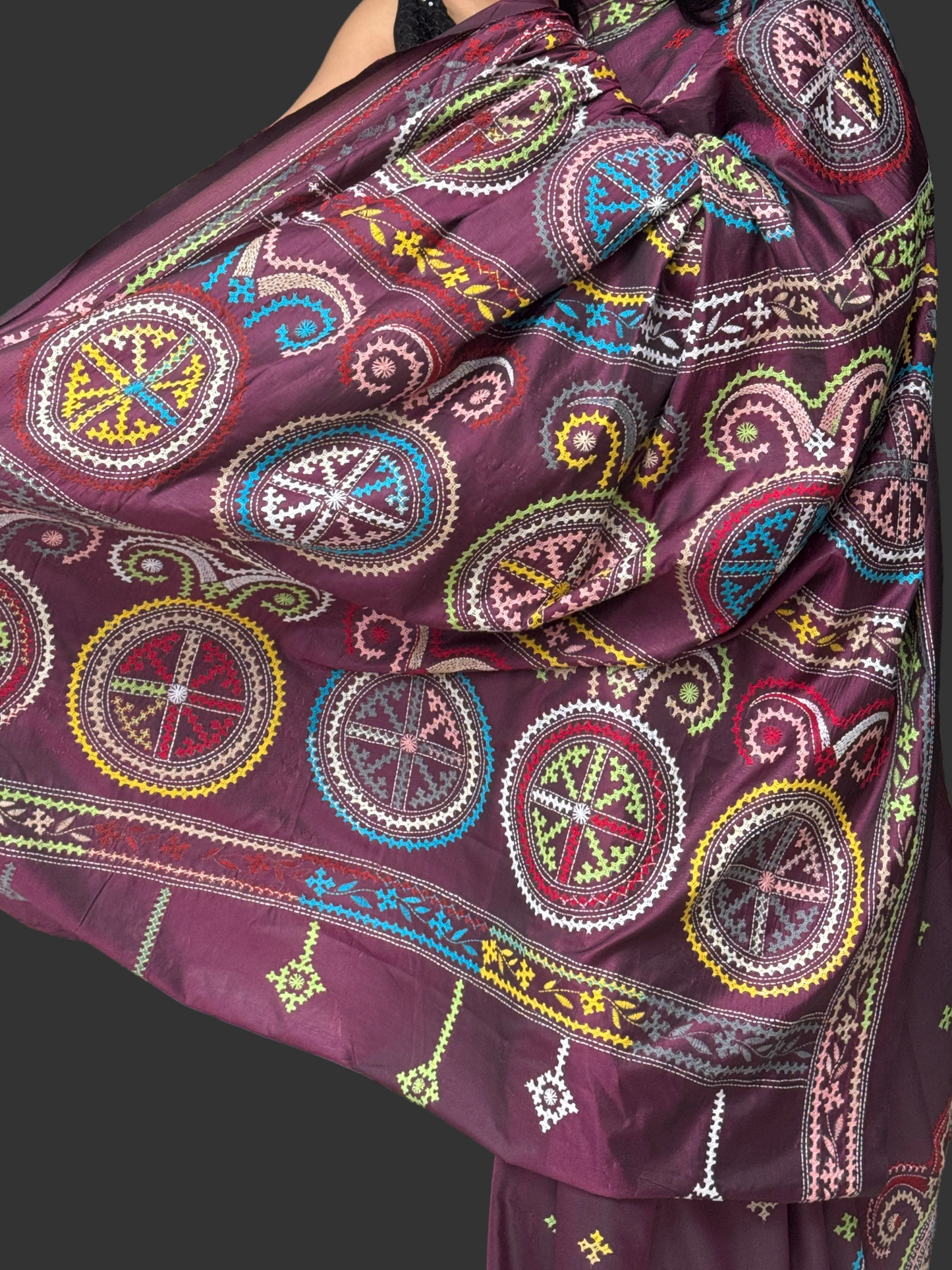 Sanchita: Maroon Hand-embroidered Semi-silk Saree